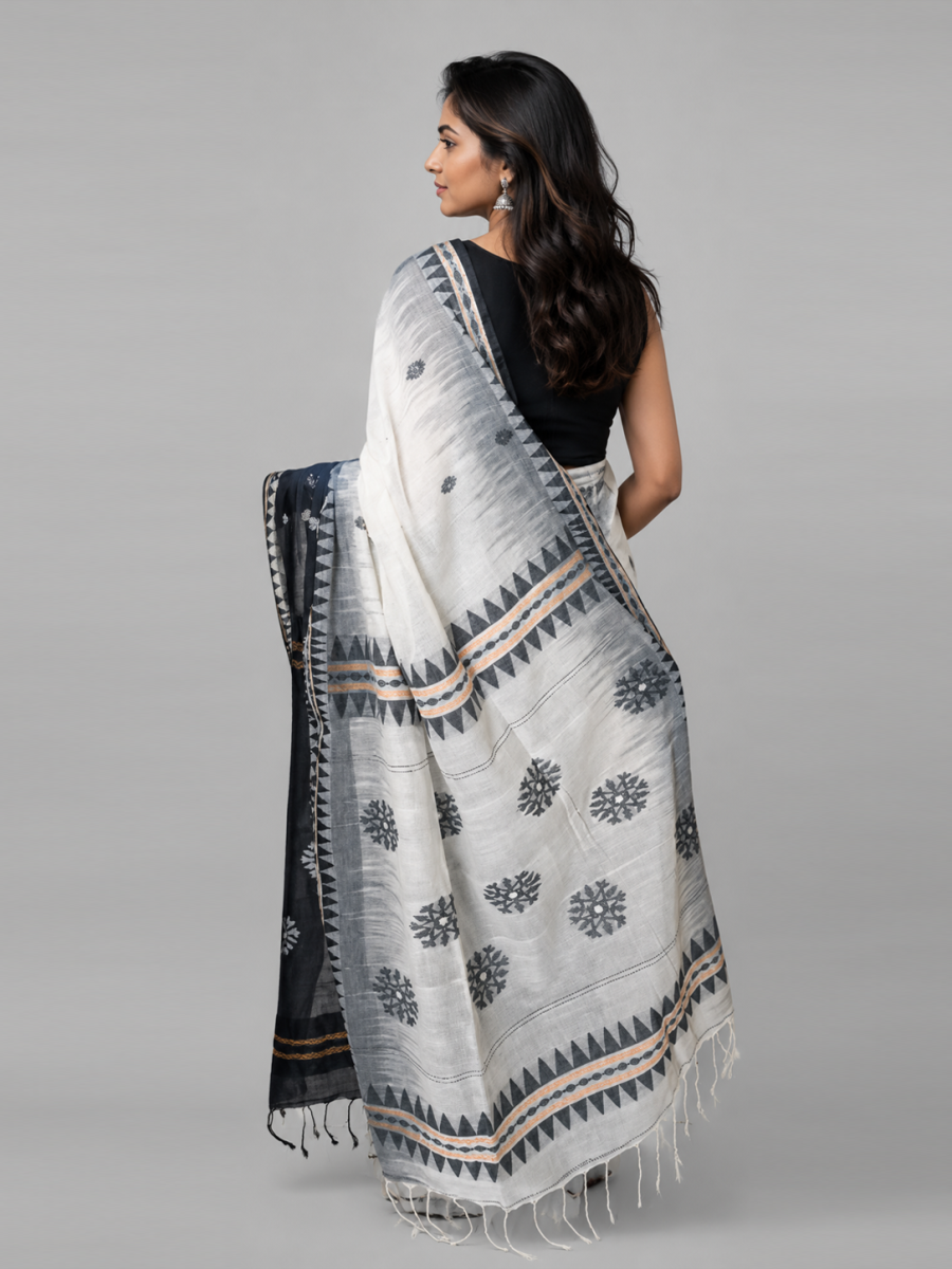 Off-white with Black Temple Border Soft Bengal Cotton Handloom