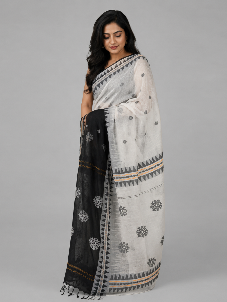 Off-white with Black Temple Border Soft Bengal Cotton Handloom