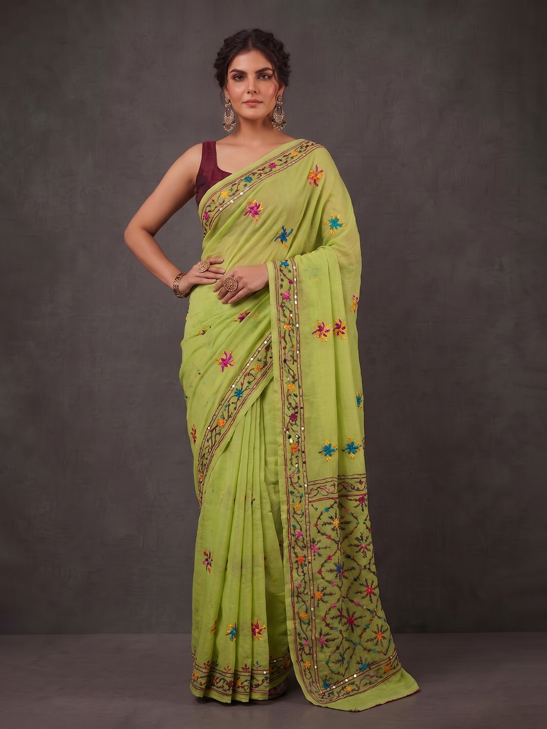 Mint Green Punjab Cotton Phoolkari Embroidery