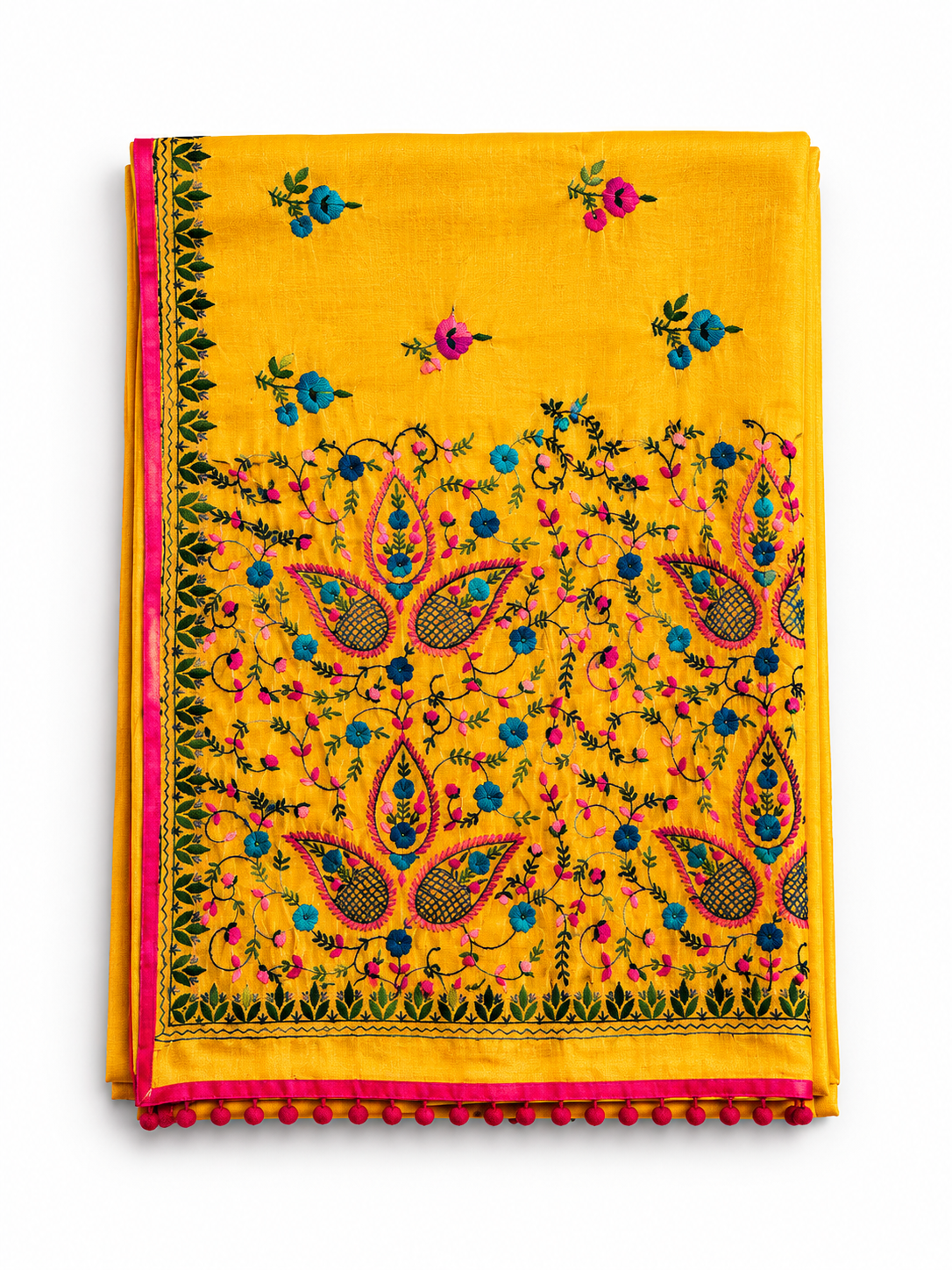 Yellow Punjab Cotton Phoolkari Embroidery