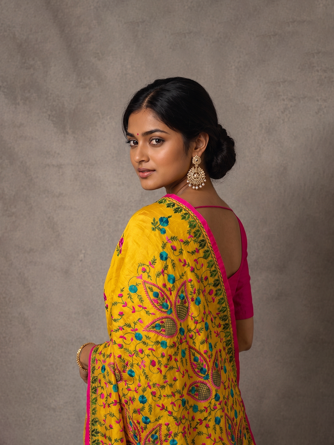 Yellow Punjab Cotton Phoolkari Embroidery