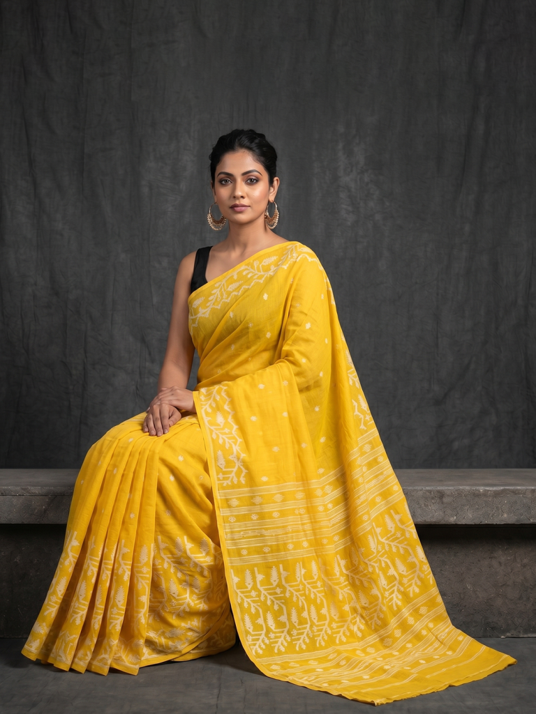 Yellow Bengal Soft Cotton Jamdani