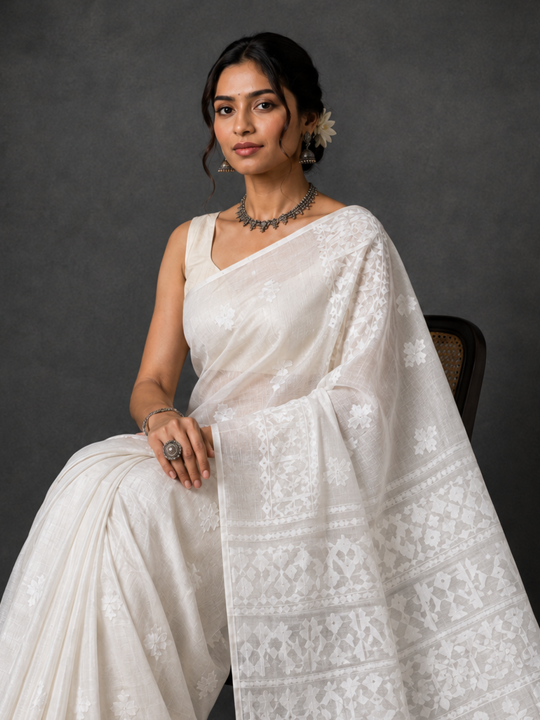 Off White Zari-woven Bengal-Muslin
