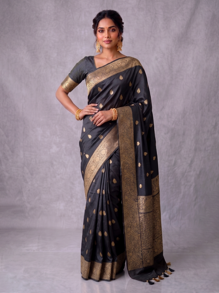 Black Zari-woven Satin Silk Benarasi
