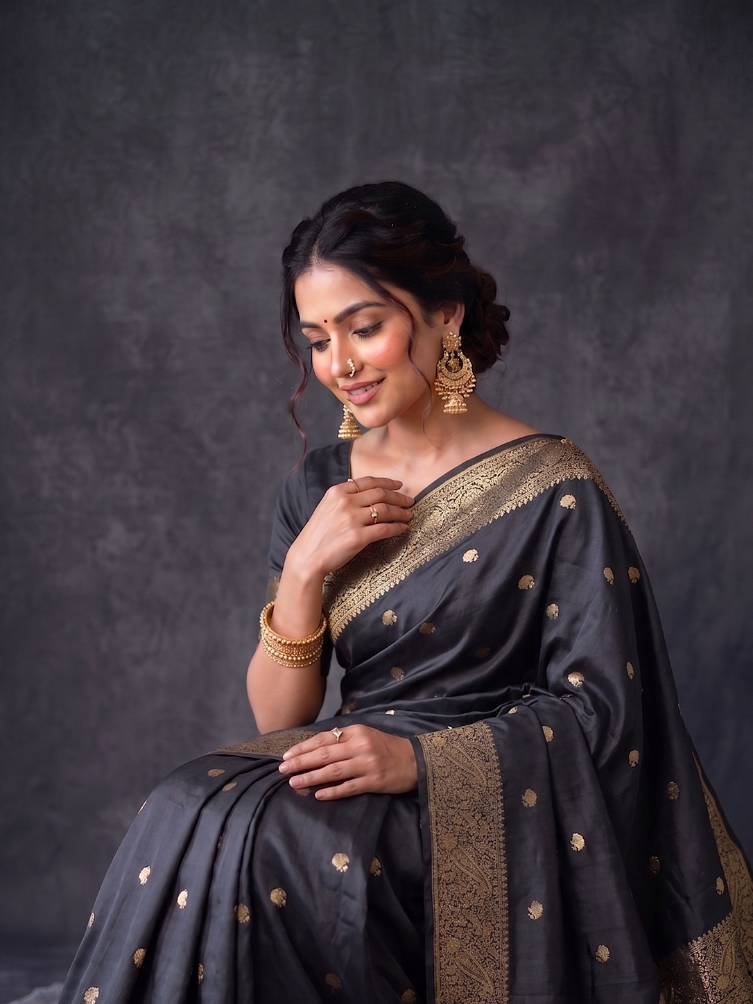 Black Zari-woven Satin Silk Benarasi