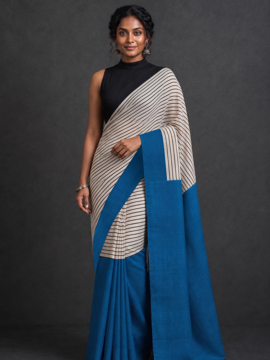 Bengal-Bishnupur Black with Blue Hand-Block Silk