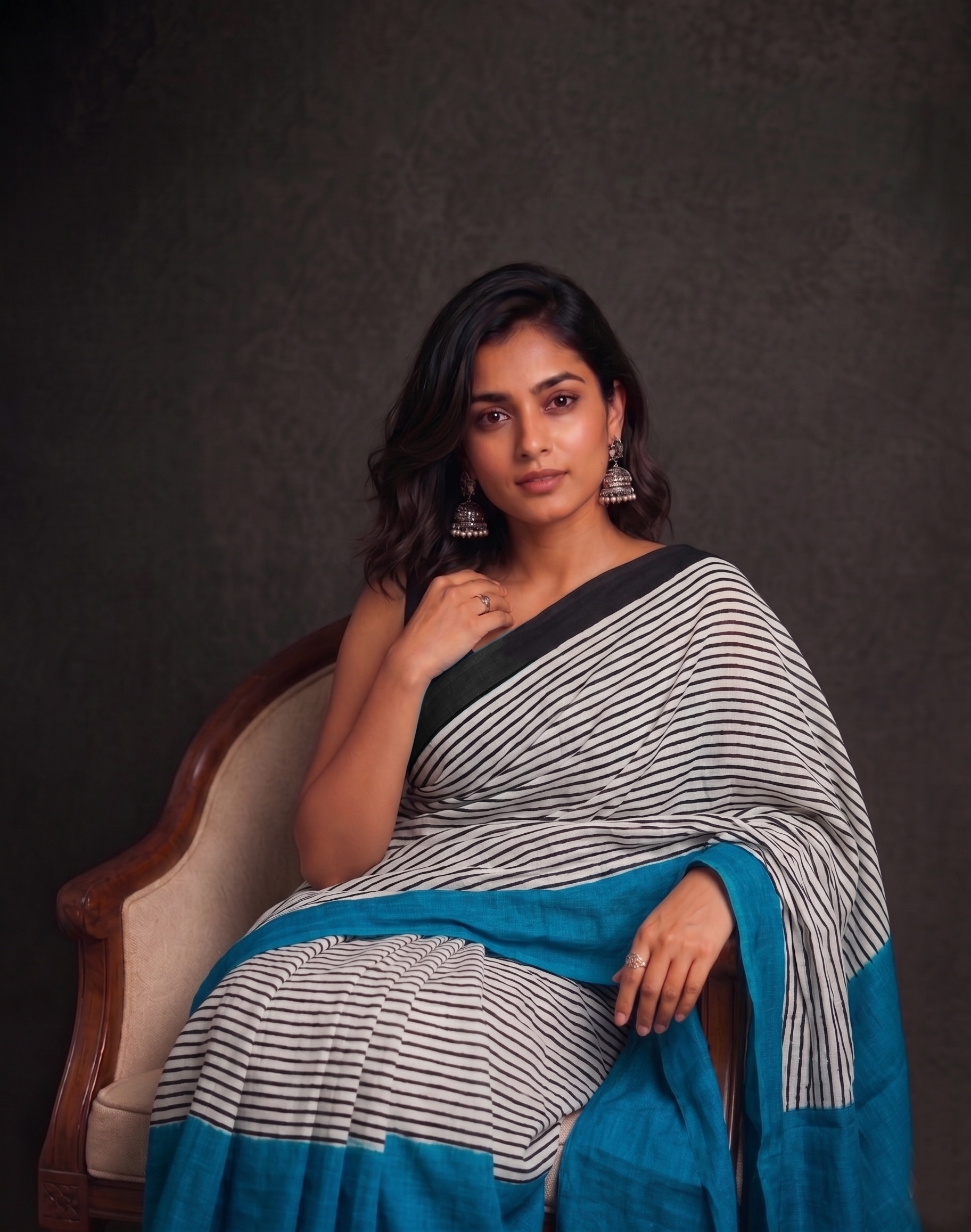 Bengal-Bishnupur Black with Blue Hand-Block Silk