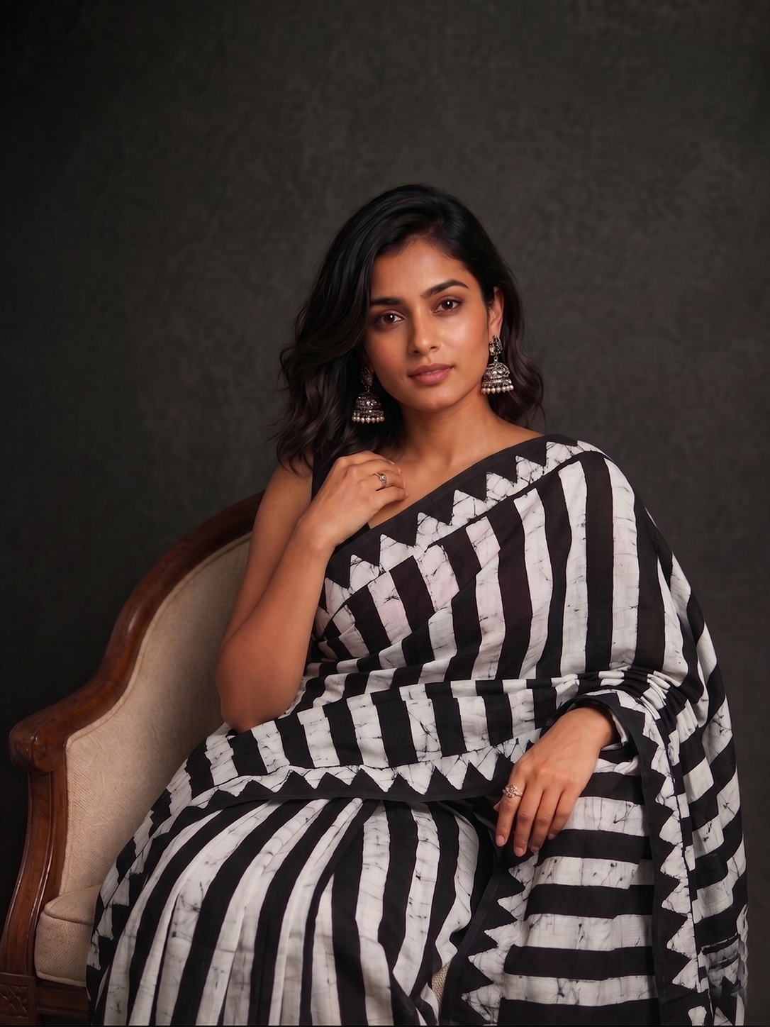 Bengal-Bishnupur Black and White Hand-Block Silk