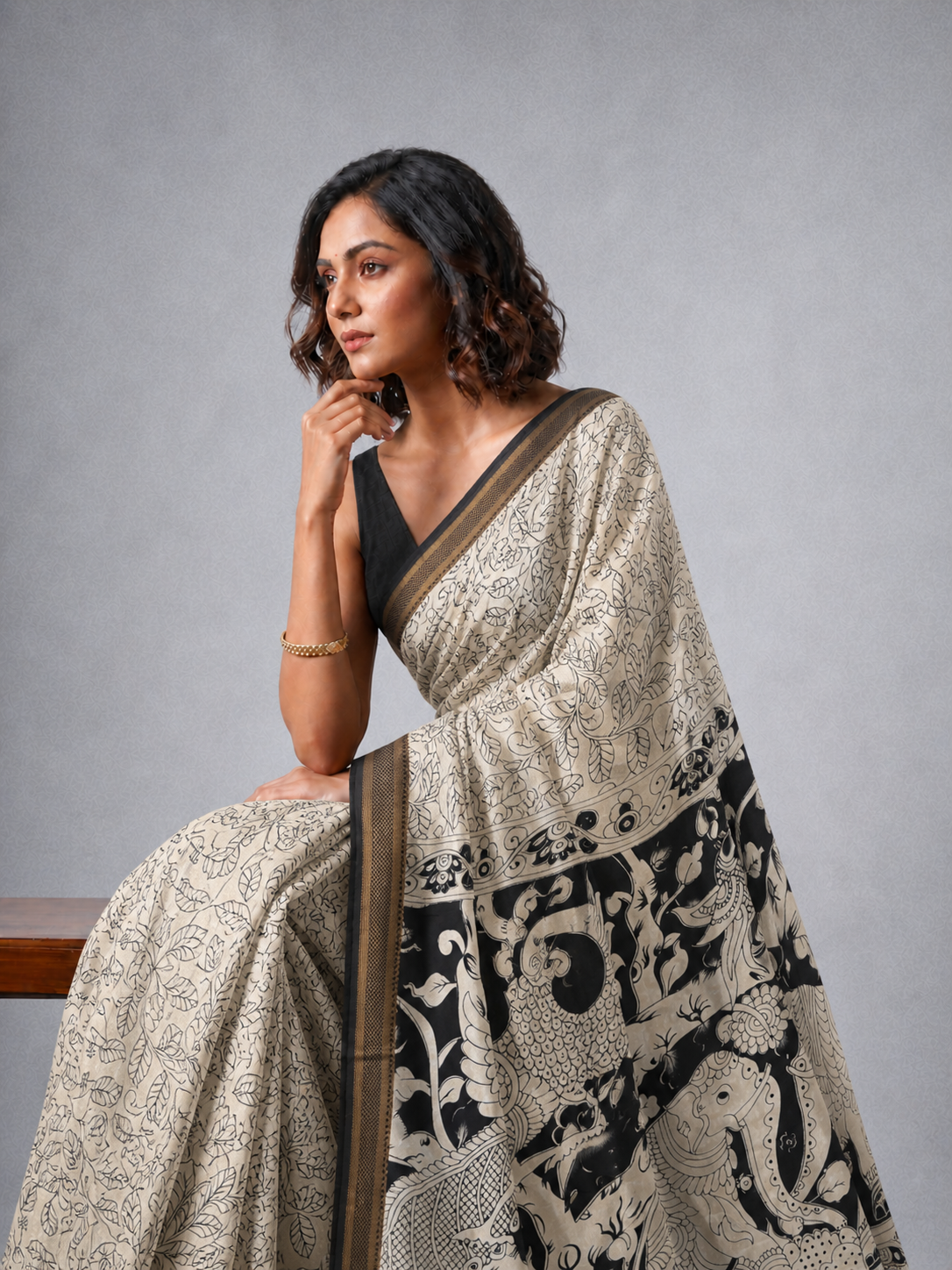 Black & White Bengal Silk Cotton Kalamkari