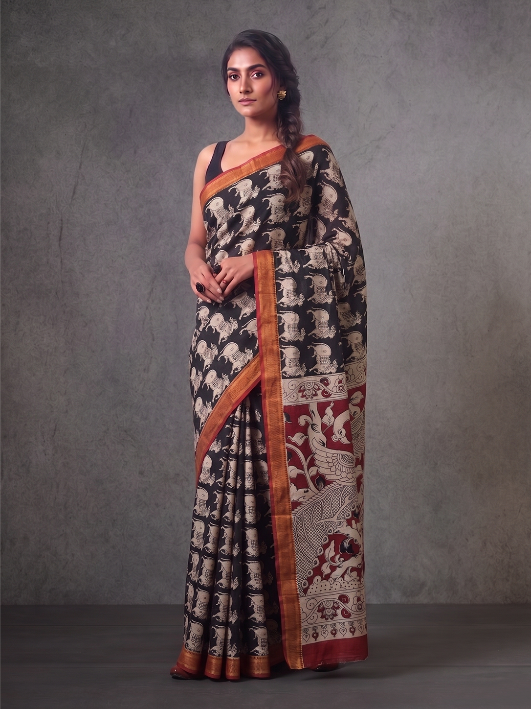 Black & Orange Bengal Silk Cotton Kalamkari