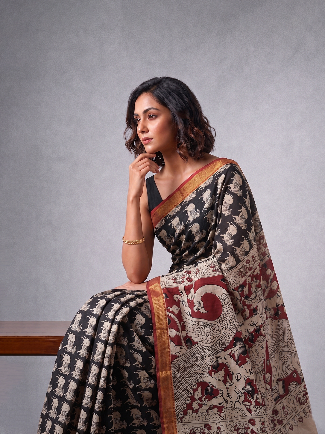 Black & Orange Bengal Silk Cotton Kalamkari