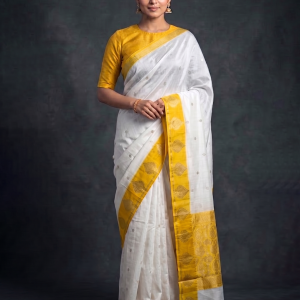 White with Yellow Zari-woven Mysore Silk