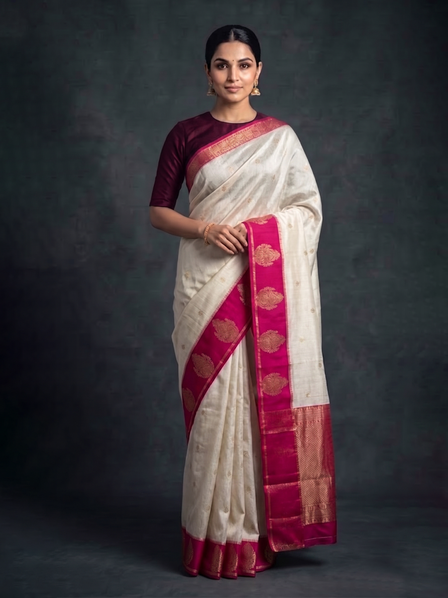 White with Pink Zari-woven Mysore Silk