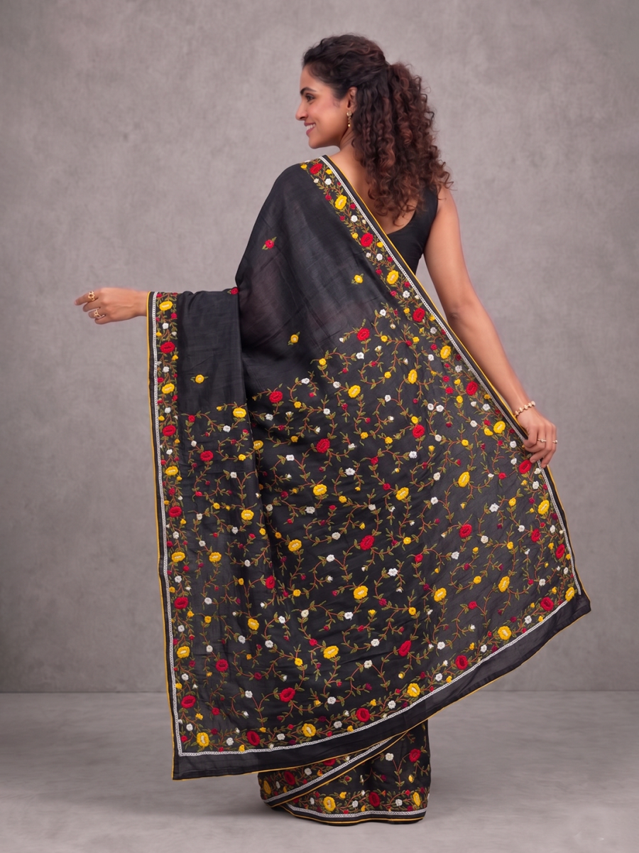 Black with Yellow Hand-woven Embroidery Bengal Tussar Parsi