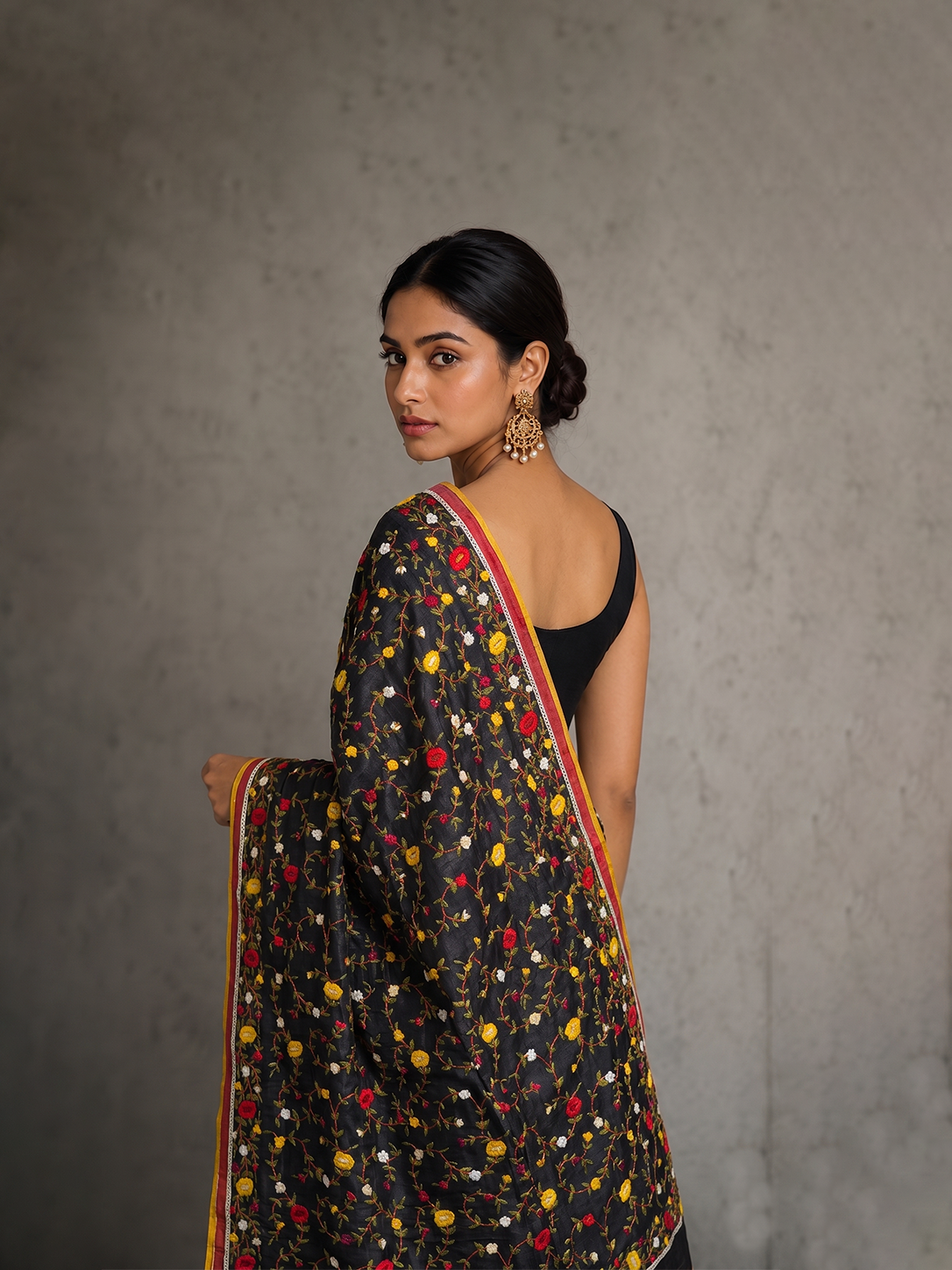 Black with Yellow Hand-woven Embroidery Bengal Tussar Parsi