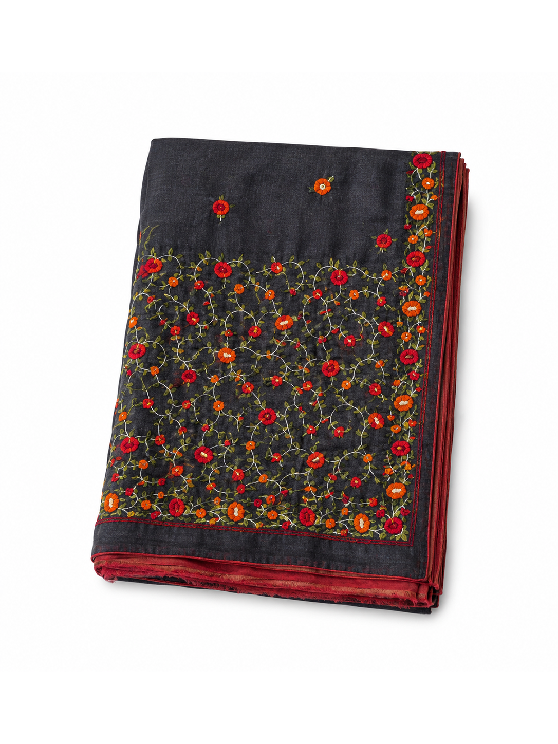 Black with Red Hand-woven Embroidery Bengal Tussar Parsi