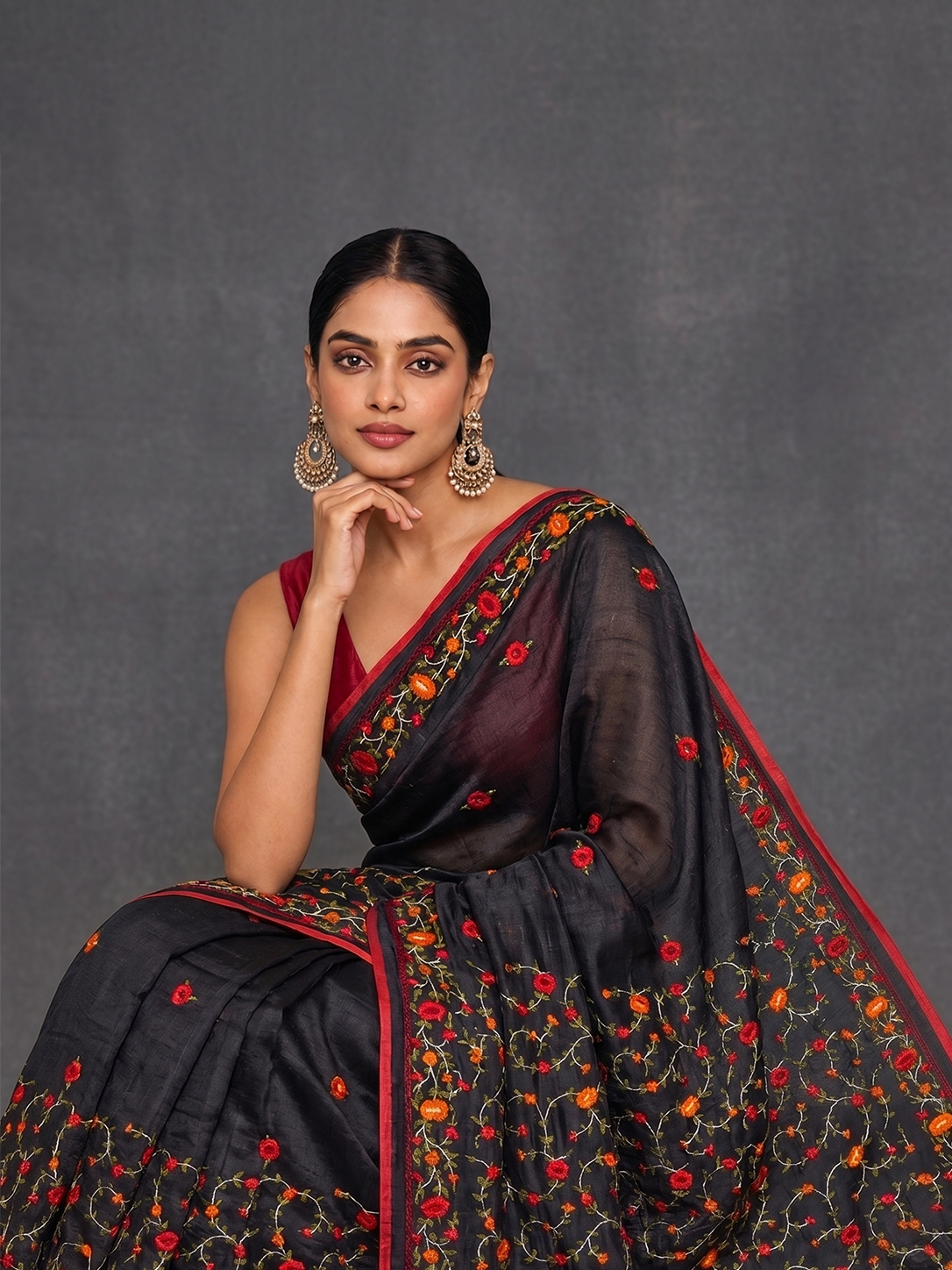 Black with Red Hand-woven Embroidery Bengal Tussar Parsi