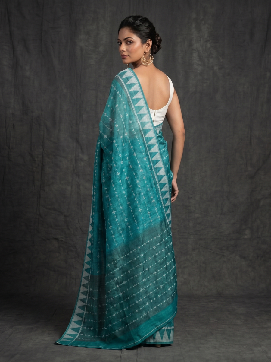 Green Hand-woven Embroidery Tussar Parsi