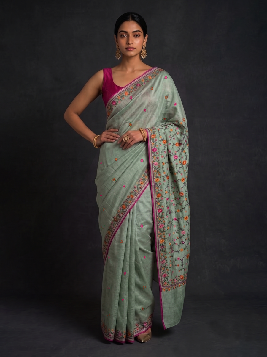 Mint Hand-woven Embroidery Tussar Parsi