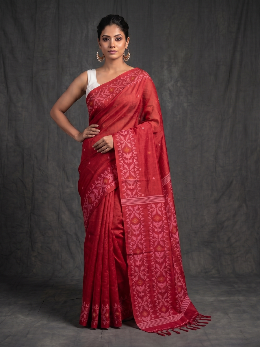 Red Hand-woven Bengal Tussar Jamdani