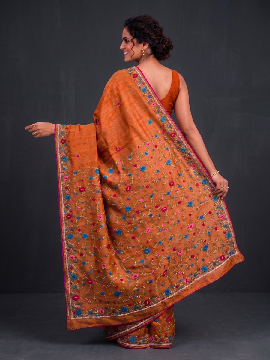 Rust Hand-woven Embroidery Tussar Parsi