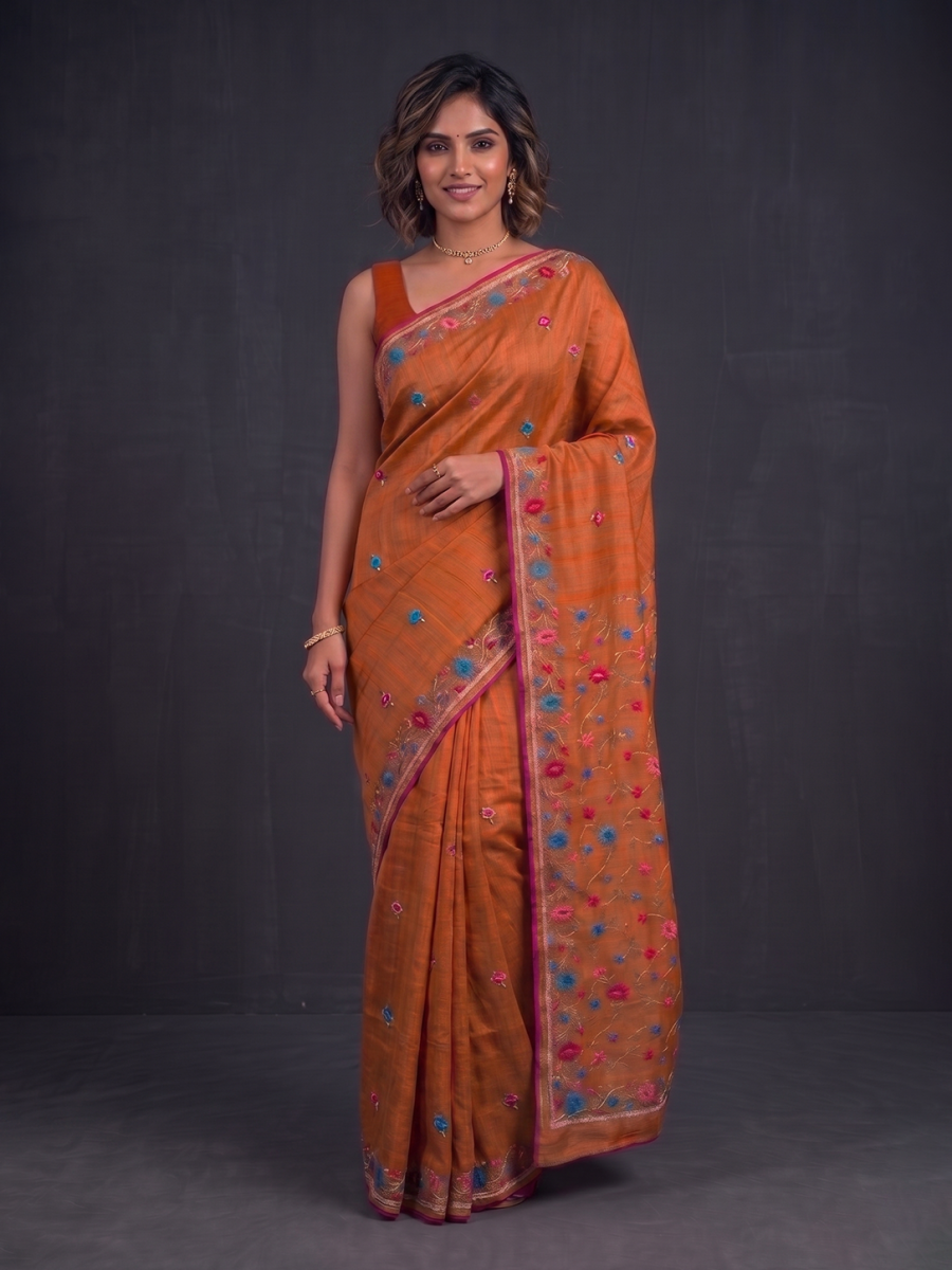 Rust Hand-woven Embroidery Tussar Parsi